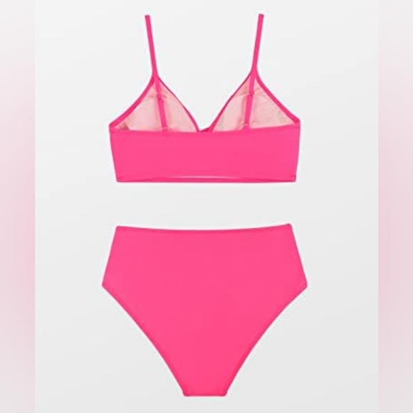 CUPSHE Hot Pink Bikini Set High Waisted Vneck Spaghetti Strap Large - Picture 2 of 8